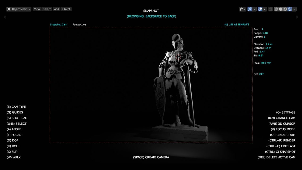 Blender viewport showing a knight model and Snapshot camera controls.