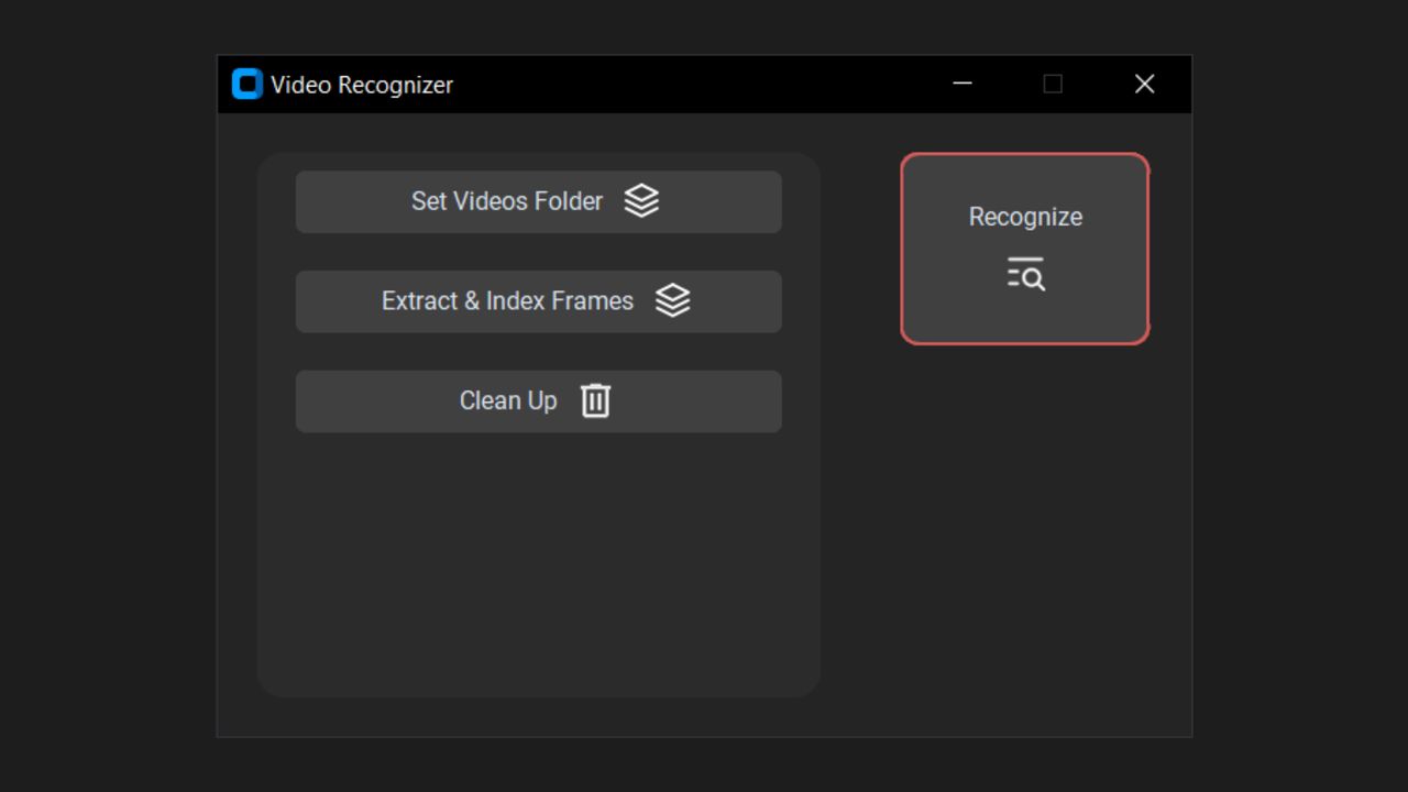 Video Recognizer interface with controls to index videos and recognize a frame.