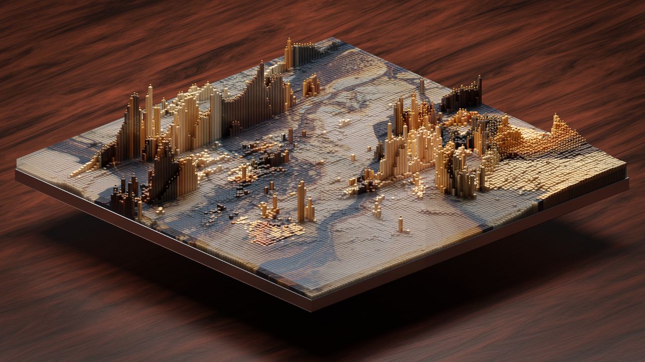 Isometric 3D Pixels render built from bronze and cream columns on a tiled grid.